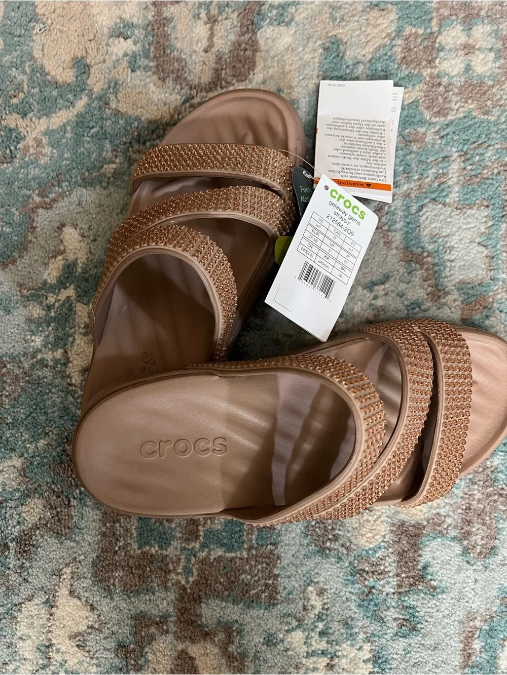 CROCS Women’s Tan Rose-Gold Jeweled Double Strap Slide Sandals